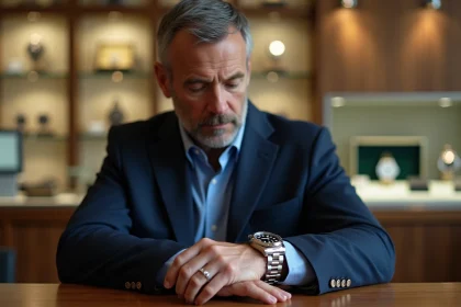Homme examinant une Rolex Submariner dans une boutique horlogère de luxe pour vérifier son authenticité
