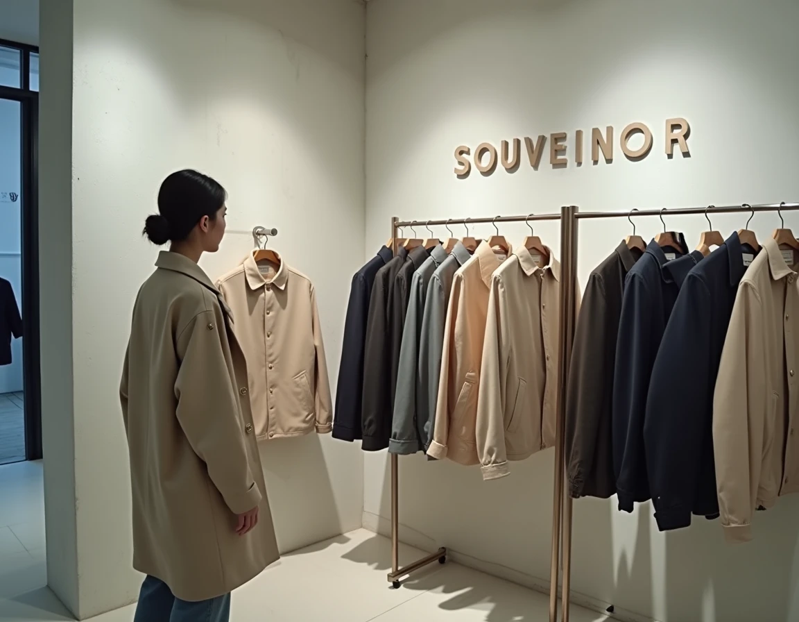 Femme qui choisit une jacket Souvenir dans un concept store japonais au design minimaliste