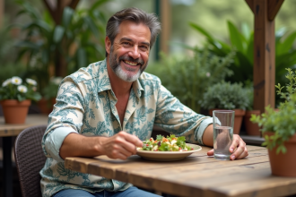 Acteur hollywoodien souriant dans un café en plein air