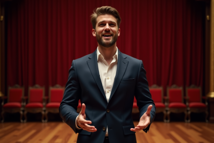 Acteur masculin en costume sur scène de théâtre