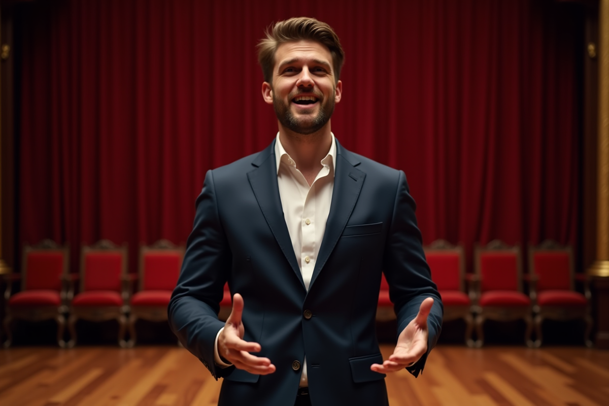 Acteur masculin en costume sur scène de théâtre