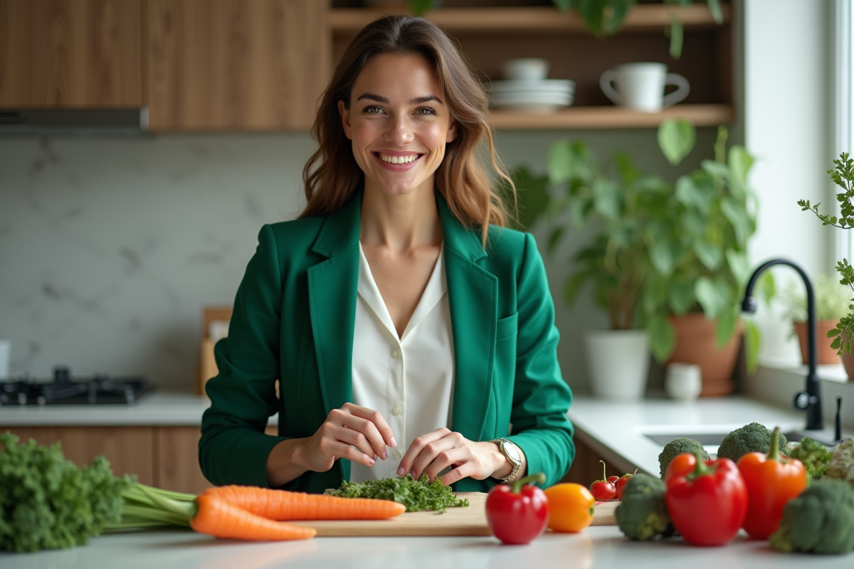 Actrice hollywoodienne en cuisine avec légumes frais