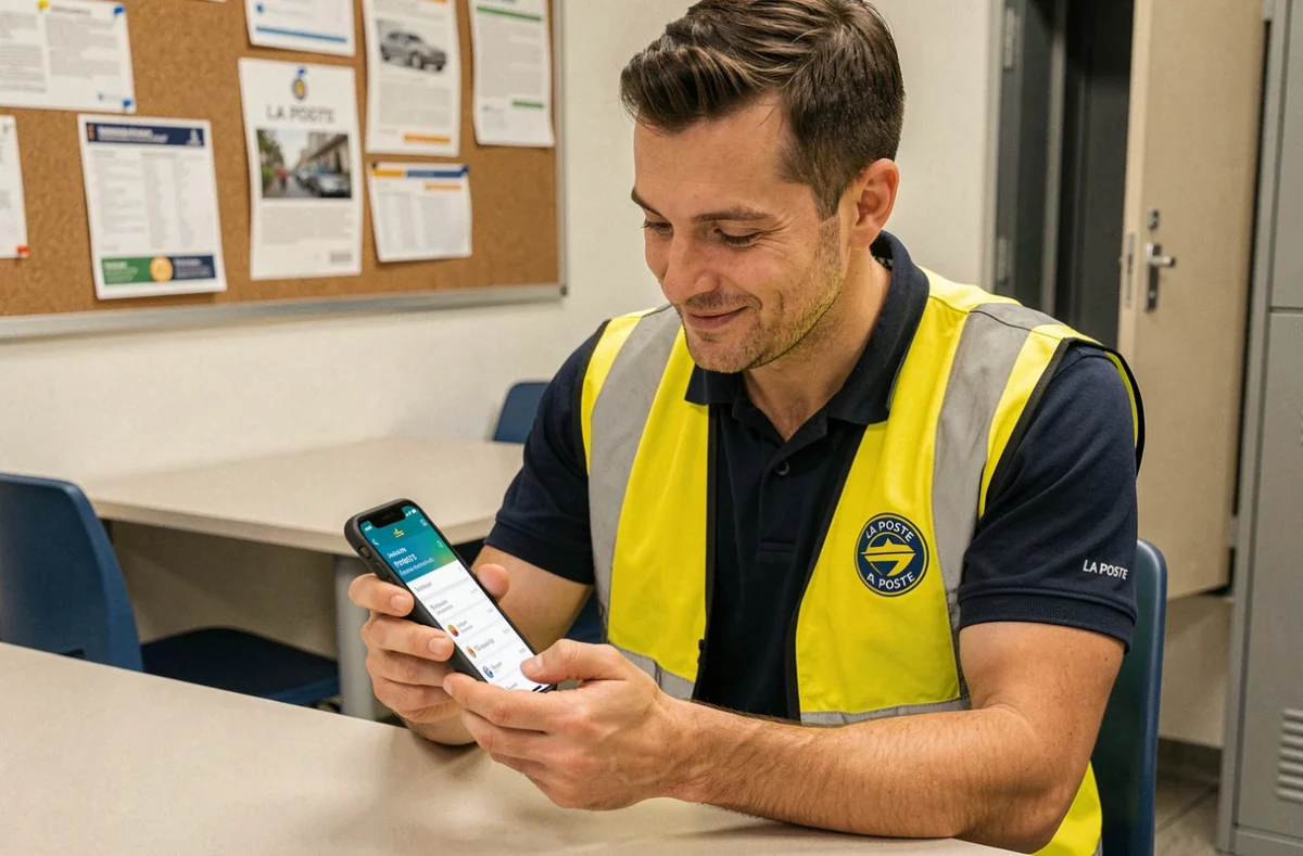 Agent La Poste consultant son solde de points fidélité campagne habillement sur son smartphone en salle de pause