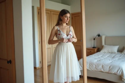 Femme ajustant un jupon blanc sous une robe fleurie devant un miroir dans une chambre lumineuse