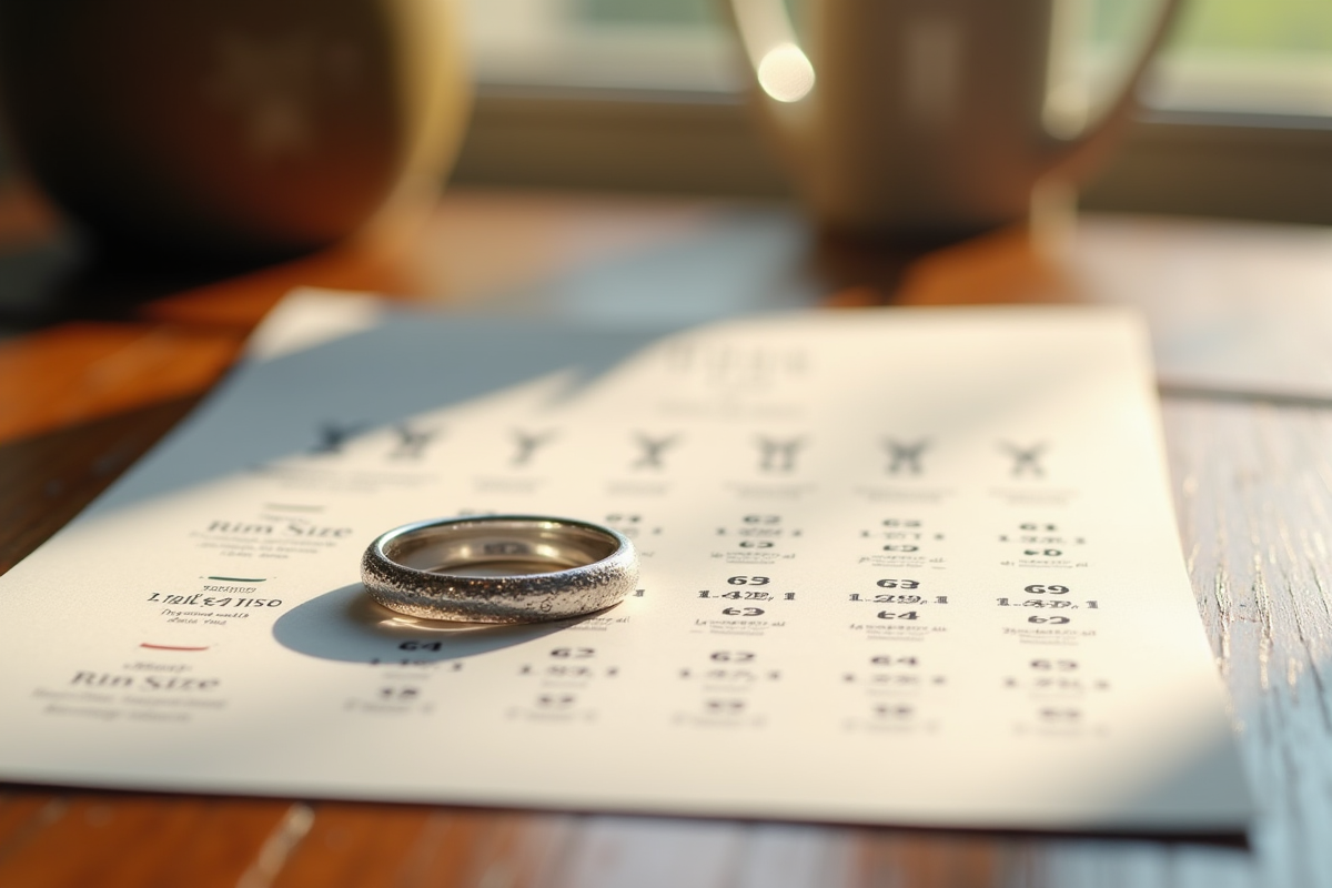 Anneau en argent posé sur un guide de taille sur une table en bois
