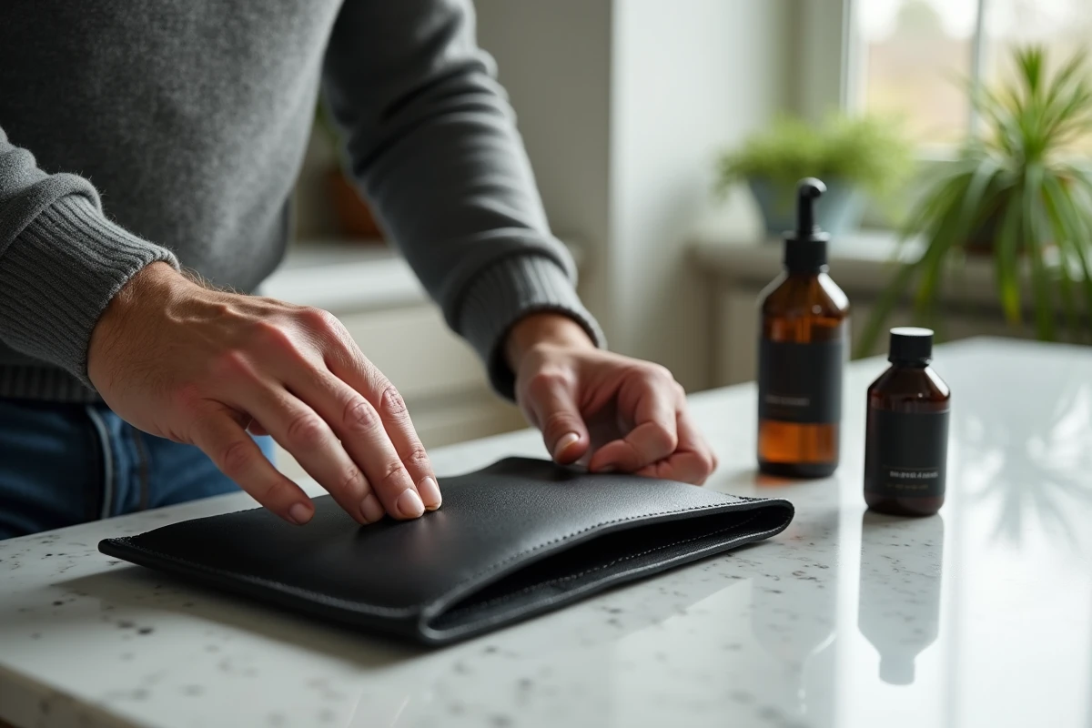 Homme appliquant un conditionneur sur un sac en cuir noir