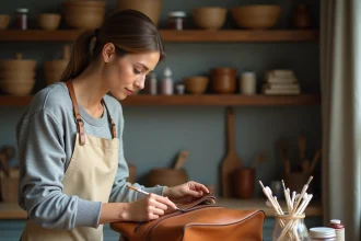 Femme appliquant de la peinture cuir sur un sac en cuir usé avec un pinceau plat sur une table de travail en bois