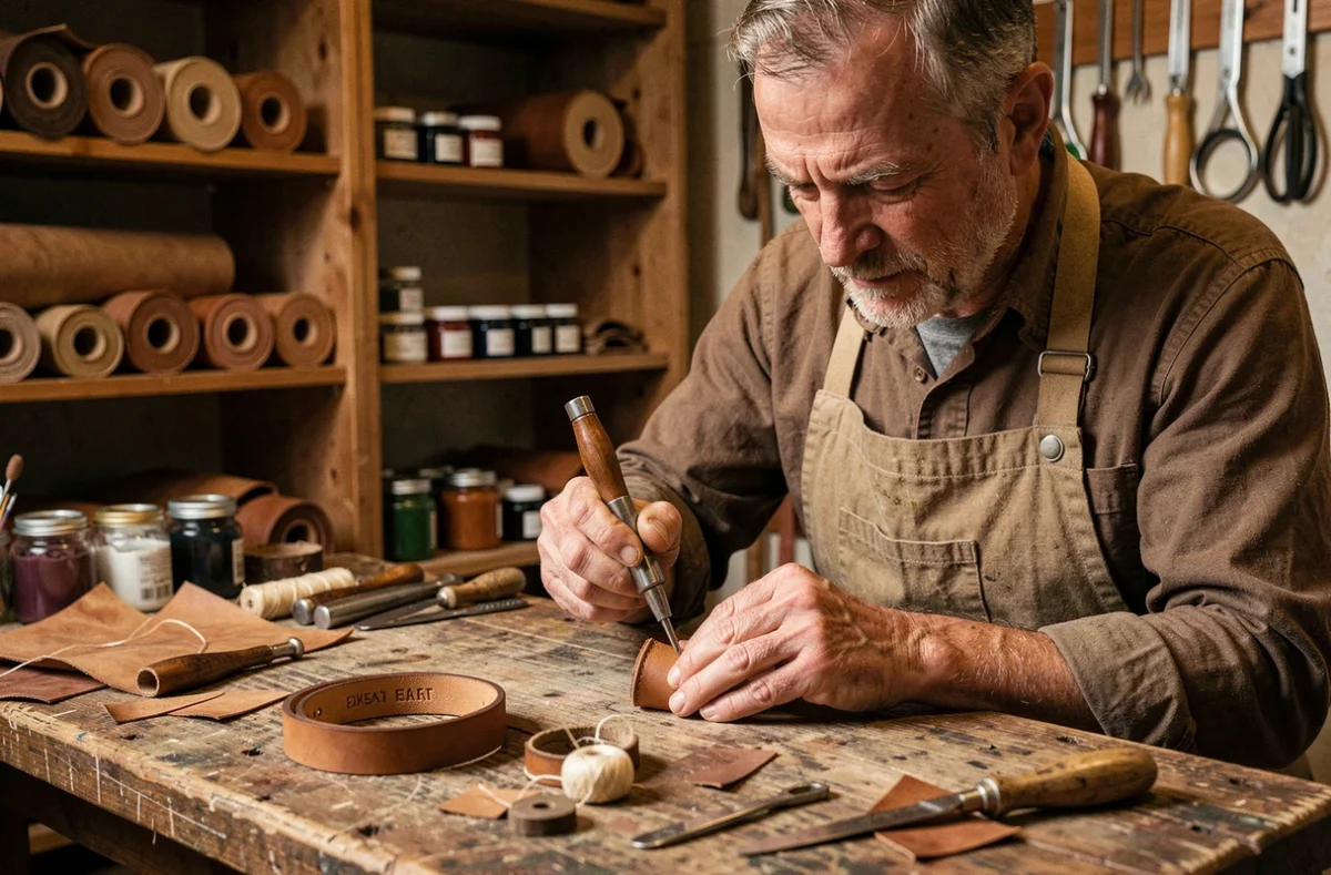Artisan gravant des initiales sur un bracelet en cuir personnalisé dans un atelier de maroquinerie