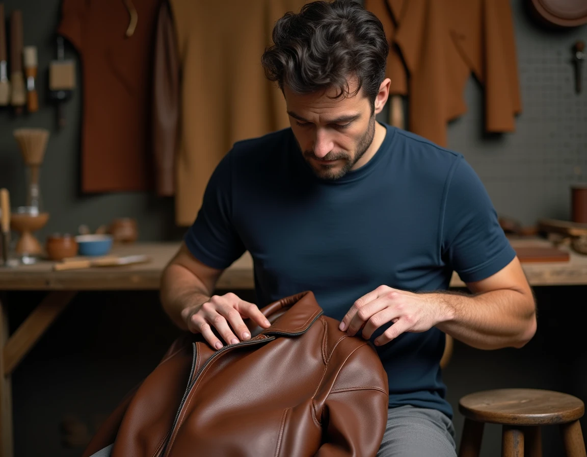 Artisan inspectant une veste en cuir restaurée avec de la peinture cuir dans un atelier de maroquinerie