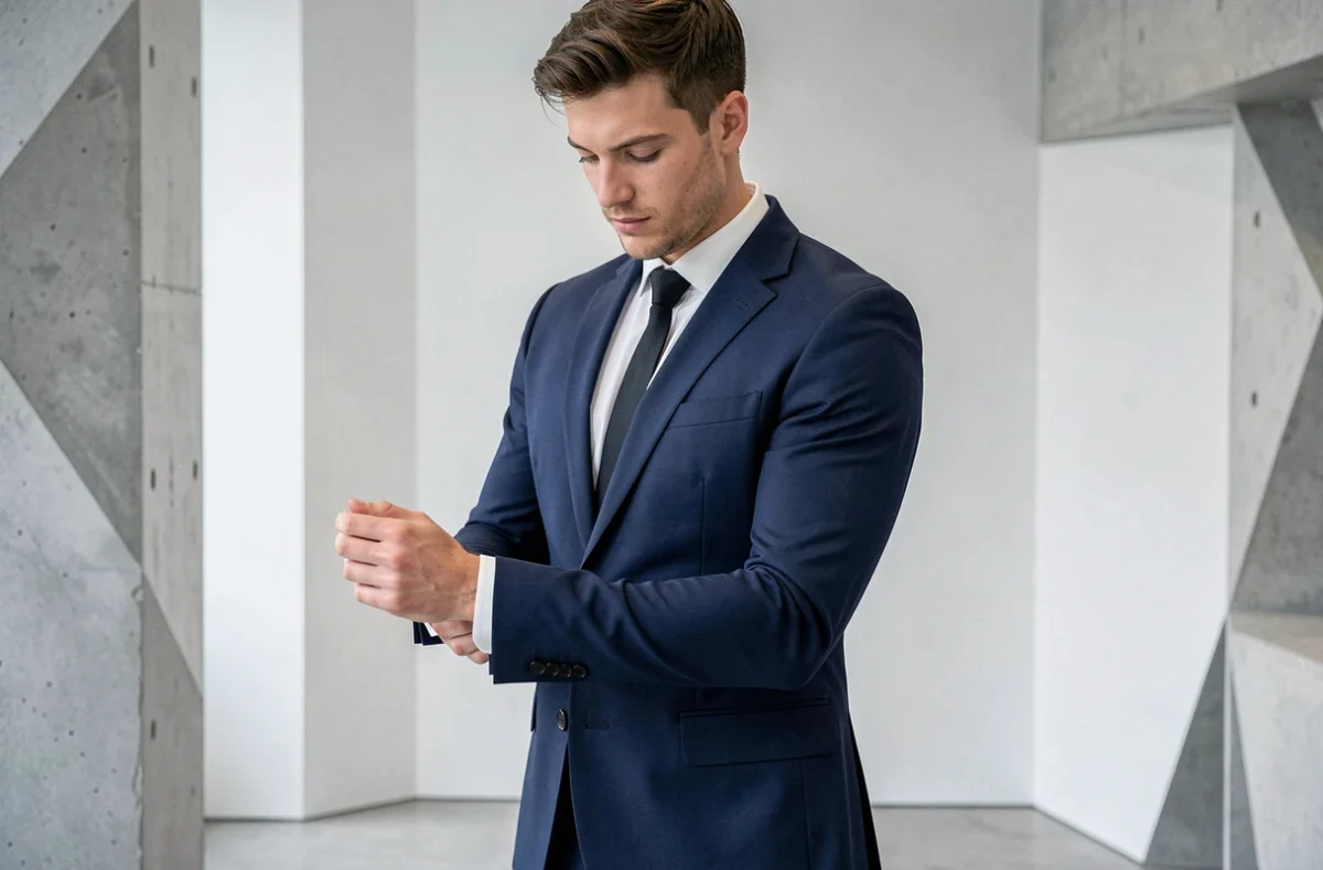 Homme portant un costume sur-mesure en tissu technique de la marque Artling dans un showroom parisien épuré