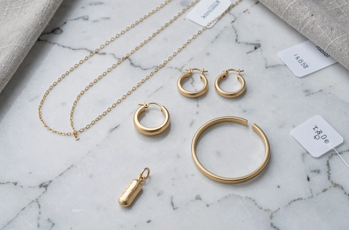 Assortiment de bijoux plaqués or sur marbre blanc, comparatif qualité et prix pour guide d'achat