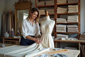 Couturière niçoise travaillant sur une robe de soirée en soie dans un atelier de haute couture à Nice