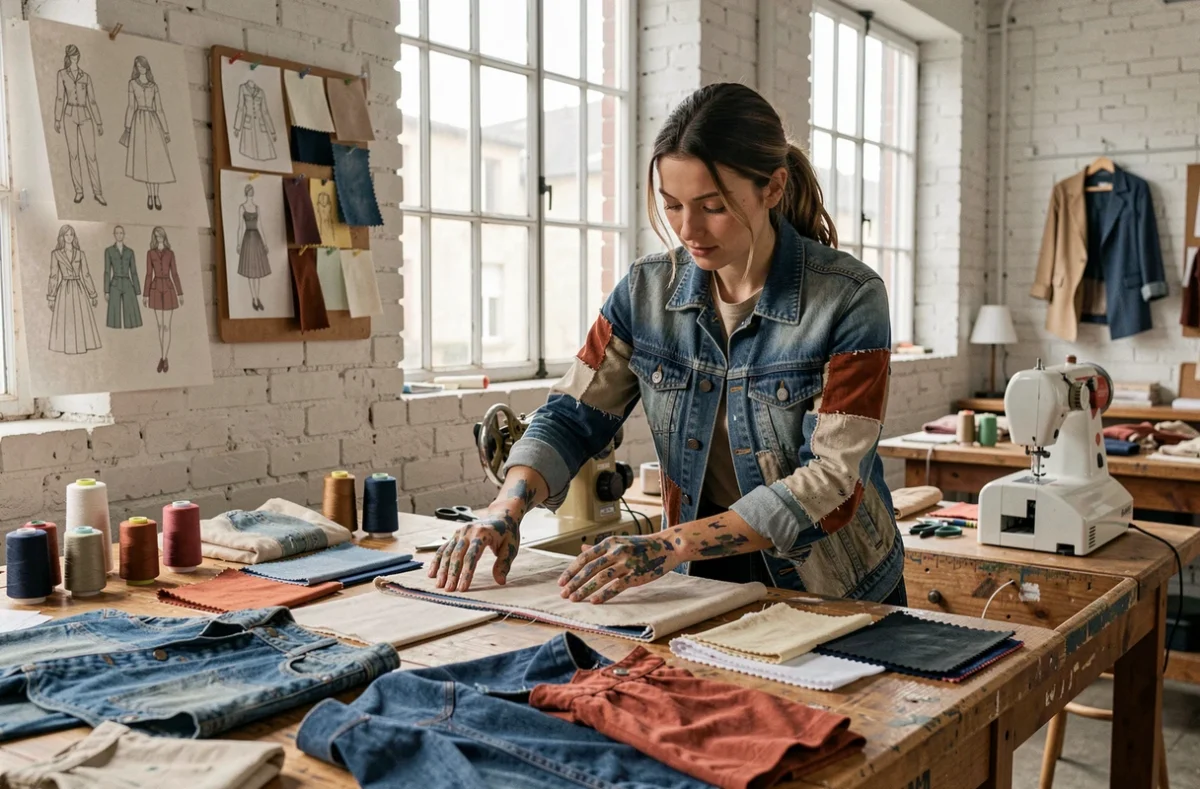 Artisane travaillant sur des vêtements upcyclés dans l'atelier R-are à Montreuil avec tissu et machines à coudre