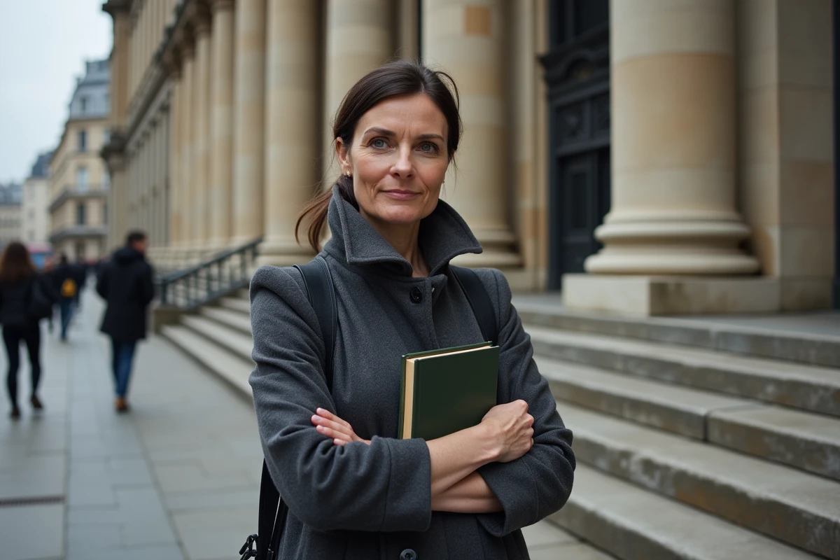 Auteure et journaliste française debout devant une bibliothèque parisienne tenant un livre, regard direct et posture assurée