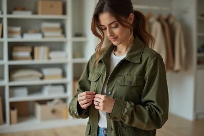 Femme examinant l'étiquette d'une veste de marque Sonstiges Clothing dans un appartement moderne, avis qualité tissu