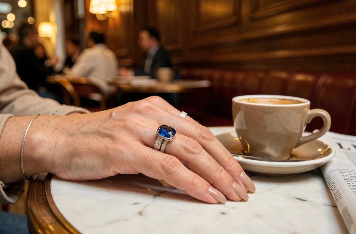 Gros plan de bagues de haute joaillerie en diamants et saphir de Ceylan portées au quotidien sur une table en marbre dans une brasserie parisienne