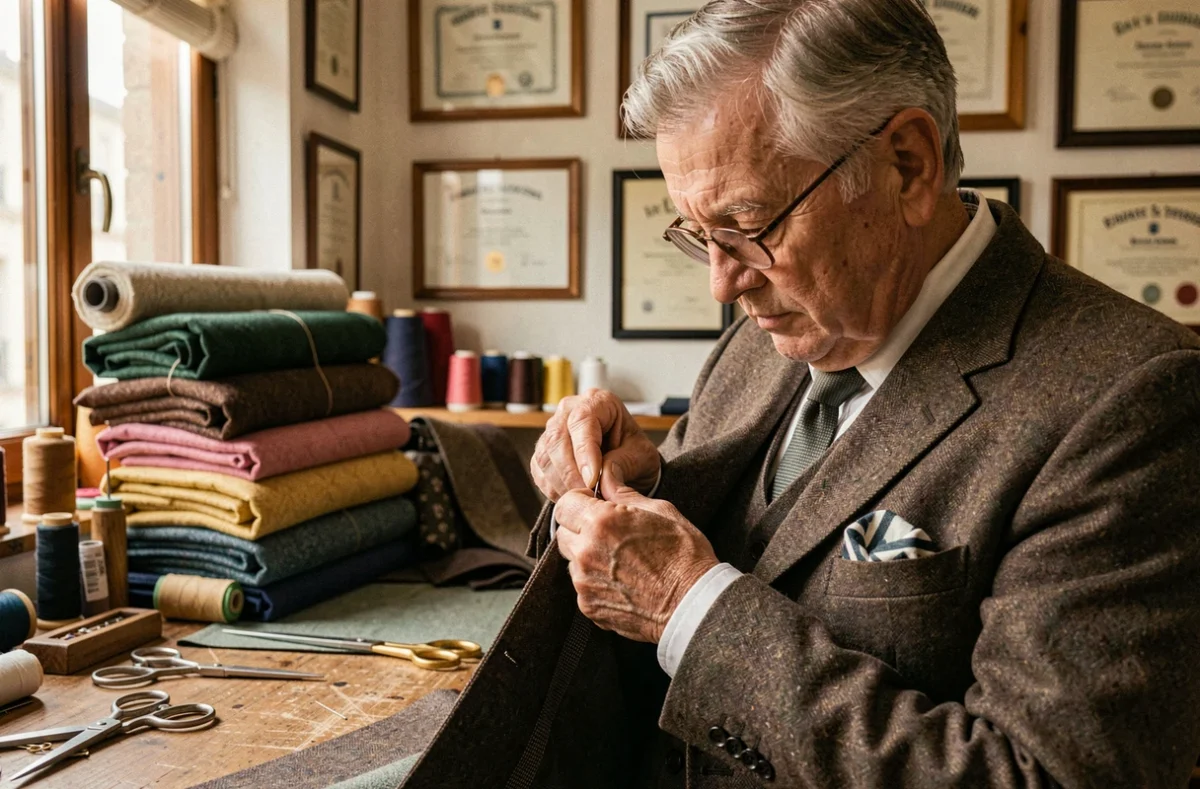 Tailleur expérimenté cousant à la main un costume de tradition chez Berteil, maison de tailleur parisienne transmise de génération en génération
