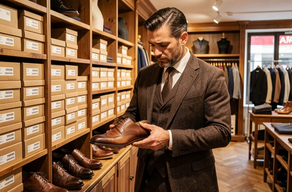 Homme en costume deux pièces Bexley dans une boutique parisienne spécialisée en chaussures et costumes au bon rapport qualité-prix