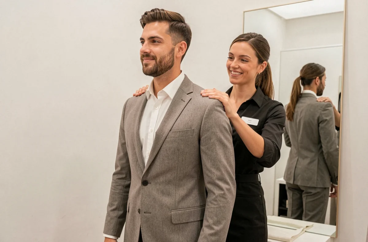 Essayage d'un costume demi-mesure en boutique parisienne chez Blandin et Delloye, avec un conseiller ajustant la veste
