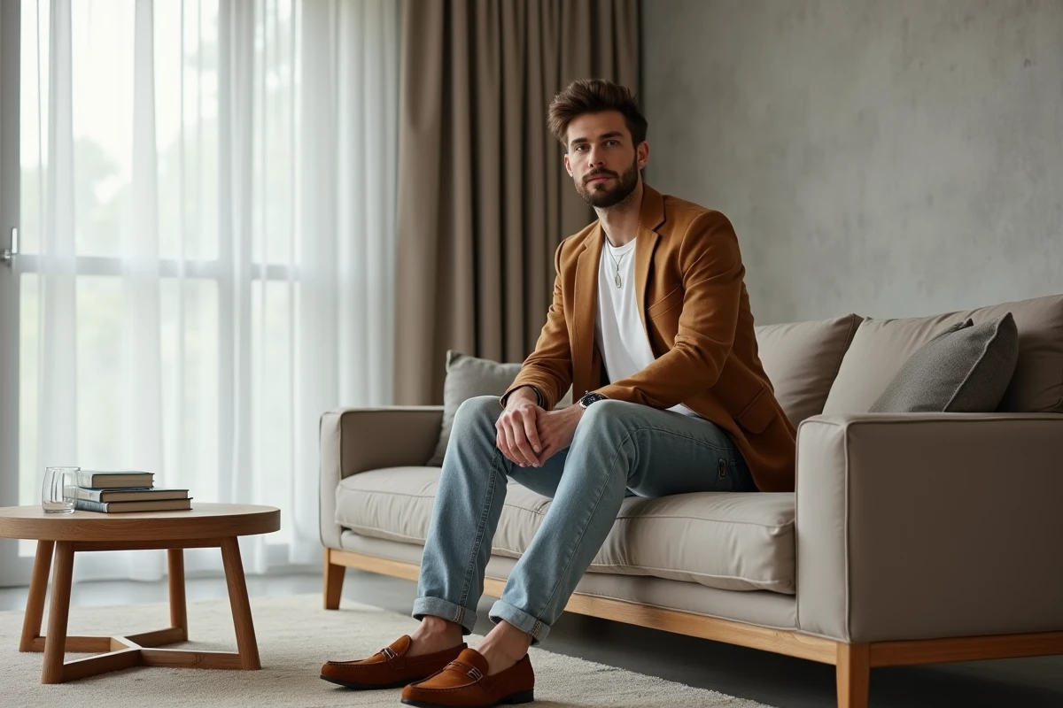 Homme en jean baggy et blazer camel dans un appartement minimaliste, tenue smart casual homme 2026