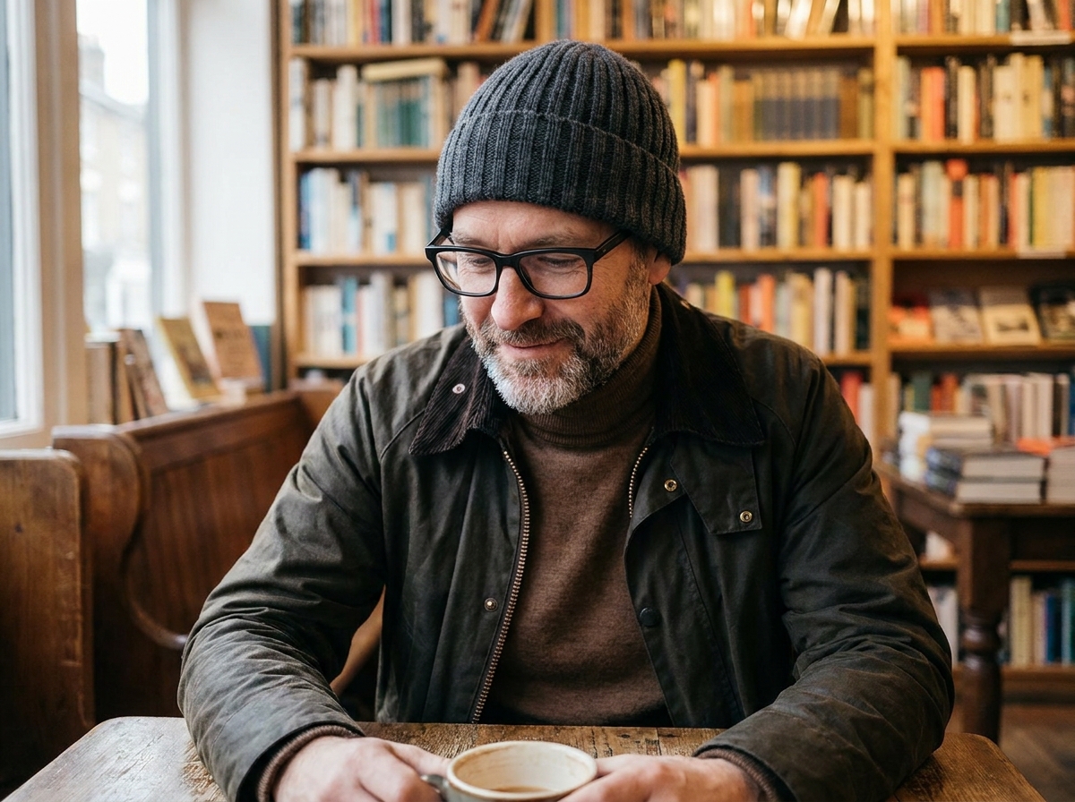 Homme avec un bonnet gris en laine, des lunettes rectangulaires noires et un parka olive dans une librairie indépendante en hiver