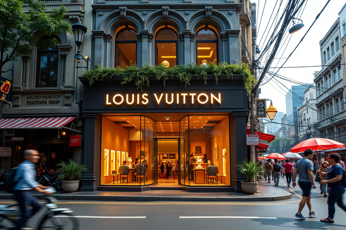 Magasin Louis Vuitton dans un marché animé de Bangkok