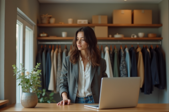 Femme en blazer dans une boutique minimaliste
