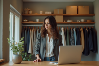 Femme en blazer dans une boutique minimaliste