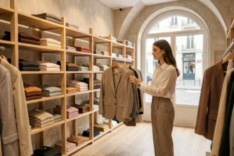 Boutique parisienne Y coo présentant les nouvelles collections 2026 avec des vêtements en tons neutres sur des étagères en bois minimalistes