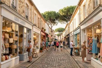 Rue commerçante animée des Landes avec boutiques de mode indépendantes et ambiance balnéaire