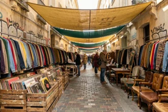 Marché vintage animé en Seine-Saint-Denis avec vêtements et objets d'occasion exposés dans une ruelle pavée