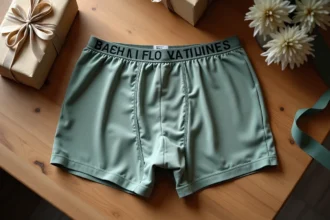 Boxer homme personnalisé avec message brodé posé sur une table en bois rustique entouré d'accessoires d'emballage cadeau