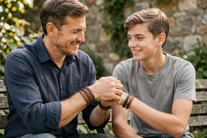 Père et fils portant des bracelets en cuir assortis et personnalisés, assis ensemble dans un jardin