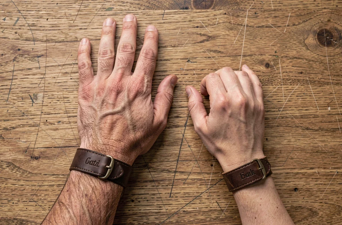 Gros plan de deux bracelets en cuir personnalisés portés par un père et son fils, vus de dessus