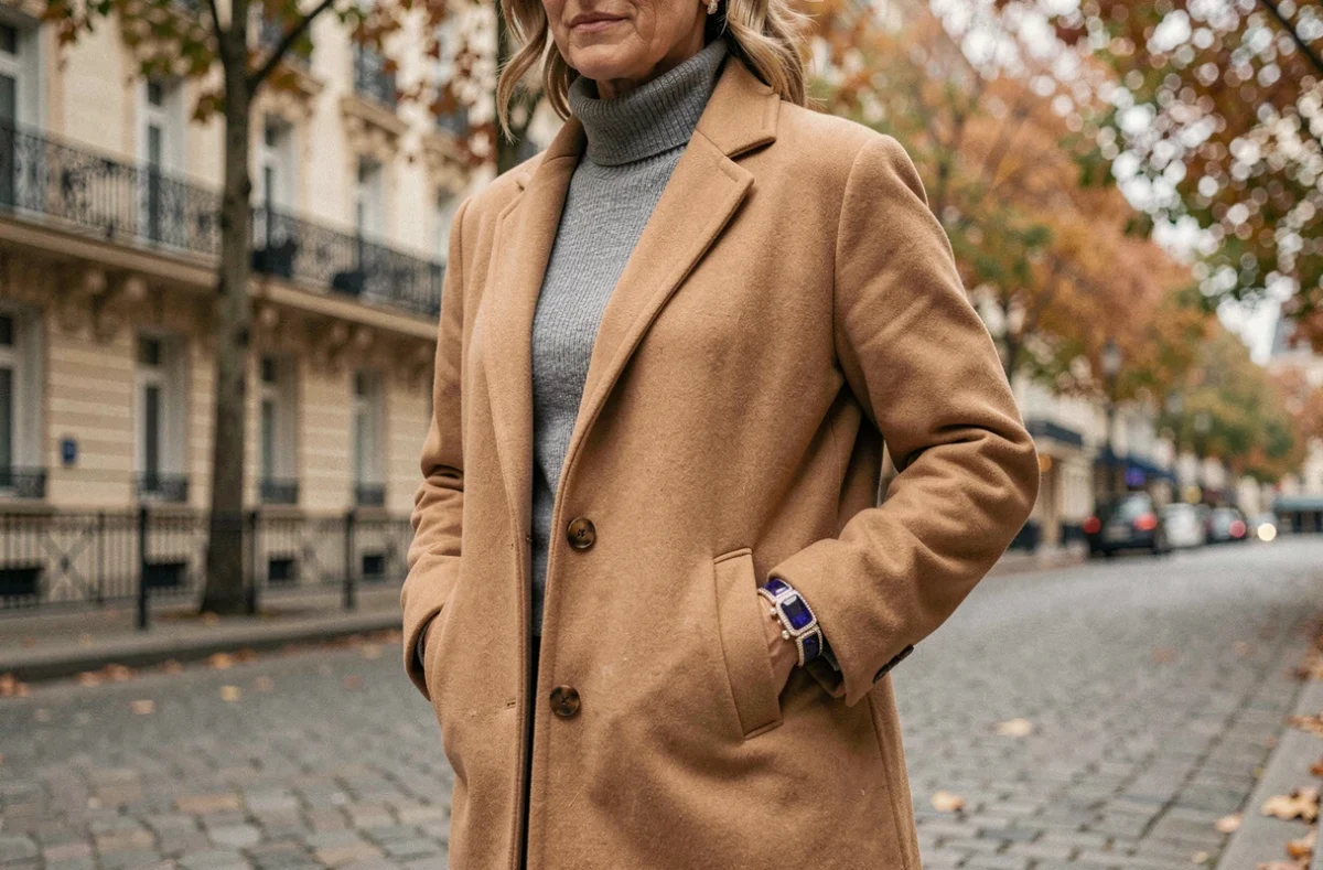 Femme portant un bracelet de haute joaillerie en saphirs et diamants avec un manteau camel dans les rues pavées de Paris en automne