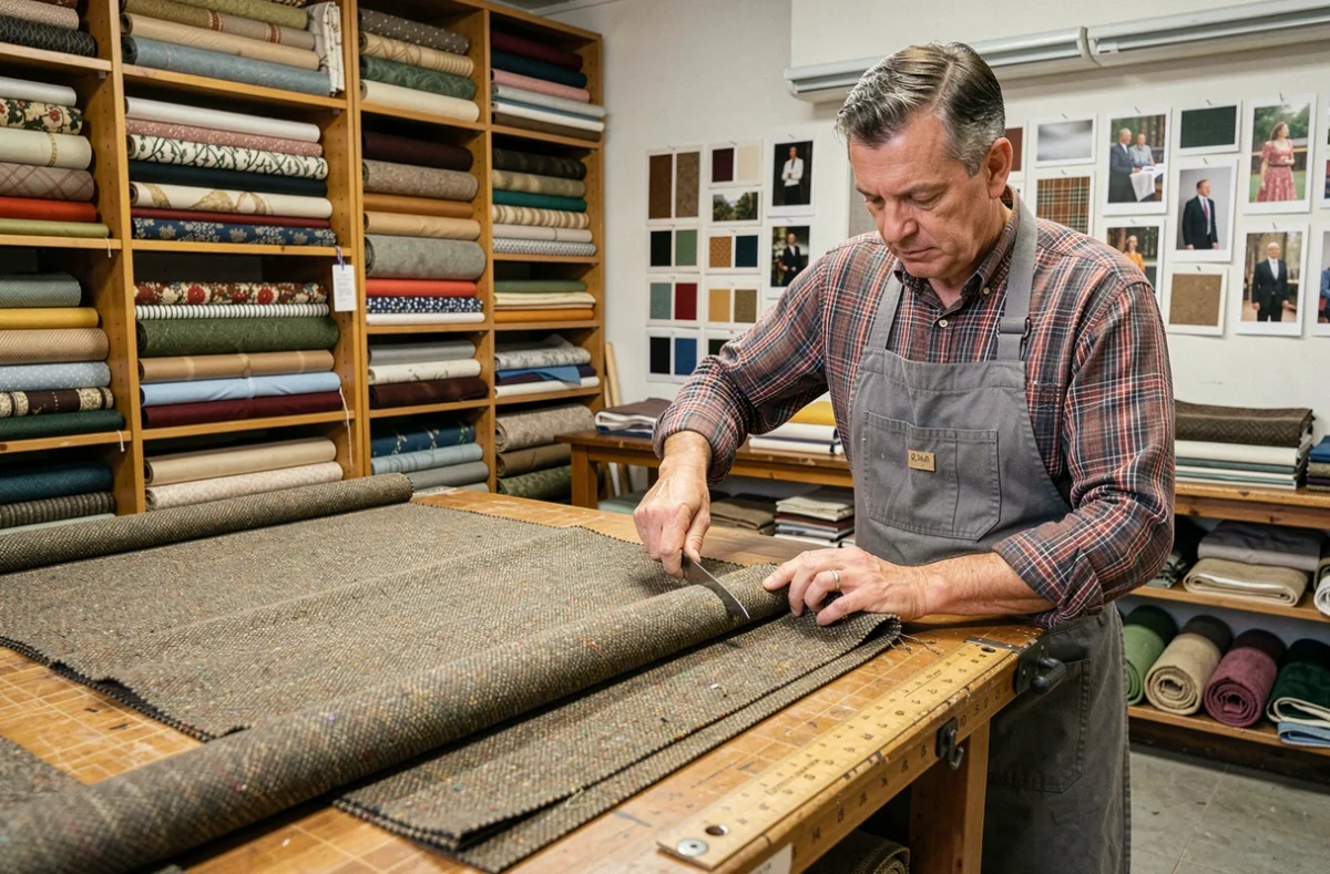 Artisan de Cap Tissus au Mans découpant du tissu tweed sur une grande table de coupe dans son magasin spécialisé