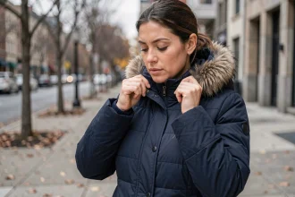 Femme adaptant une capuche doudoune séparée sur un manteau sans capuche en milieu urbain en automne