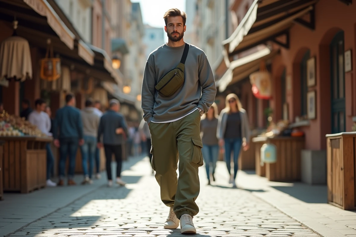 Homme en cargo kaki et sweat tech fleece gris dans un marché urbain extérieur, look streetwear 2026