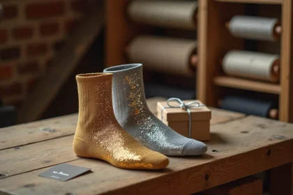 Chaussettes paillettes made in France posées sur une table en bois avec étiquette artisanale