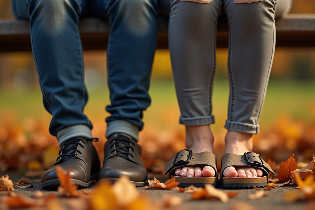 Chaussures Scholl et Birkenstock portees par deux personnes sur banc