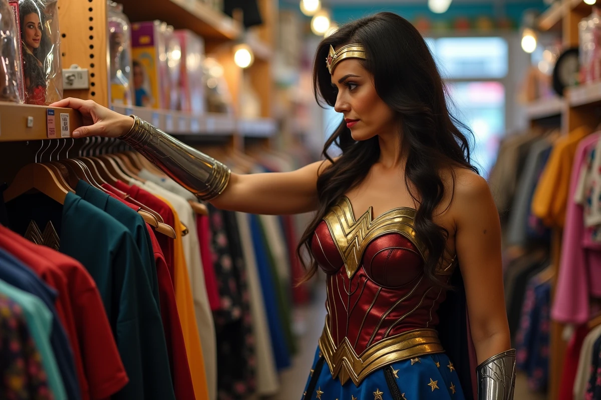 Femme en costume Wonder Woman choisissant un déguisement de super-héros dans un magasin de carnaval