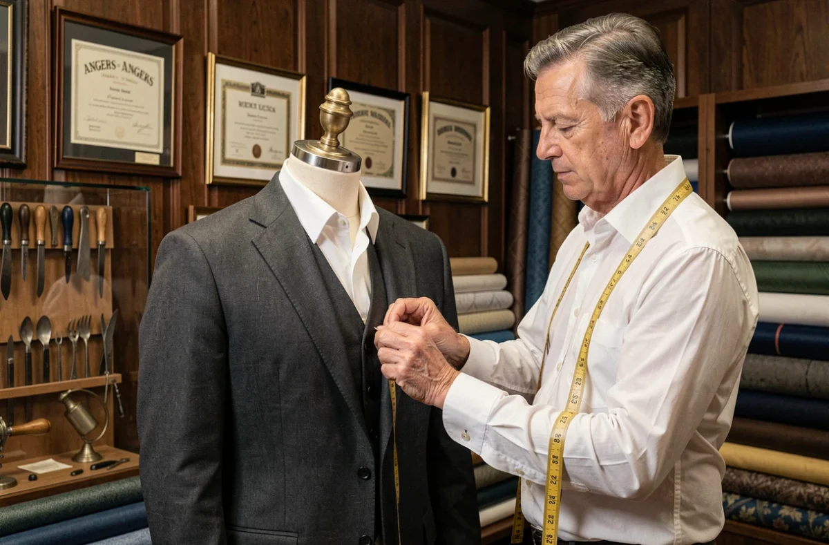 Maître artisan de Cisaline Couture à Angers épinglant les coutures d'un costume sur un mannequin dans un atelier traditionnel