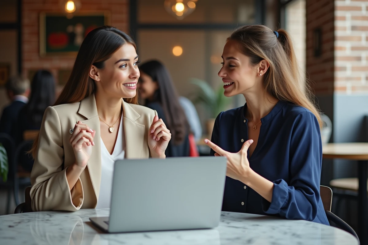 Deux femmes comparant des vêtements Sonstiges Clothing dans un café, avis consommateurs et revue de produits en ligne 2026