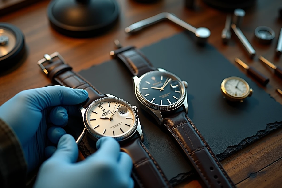 Comparaison entre une vraie Rolex et une contrefaçon examinées par un horloger professionnel avec une loupe