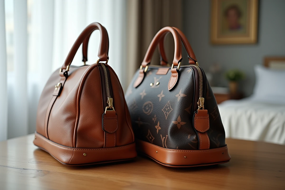 Comparaison côte à côte d'un sac de luxe authentique et d'une contrefaçon mettant en évidence les différences de coutures et de quincaillerie