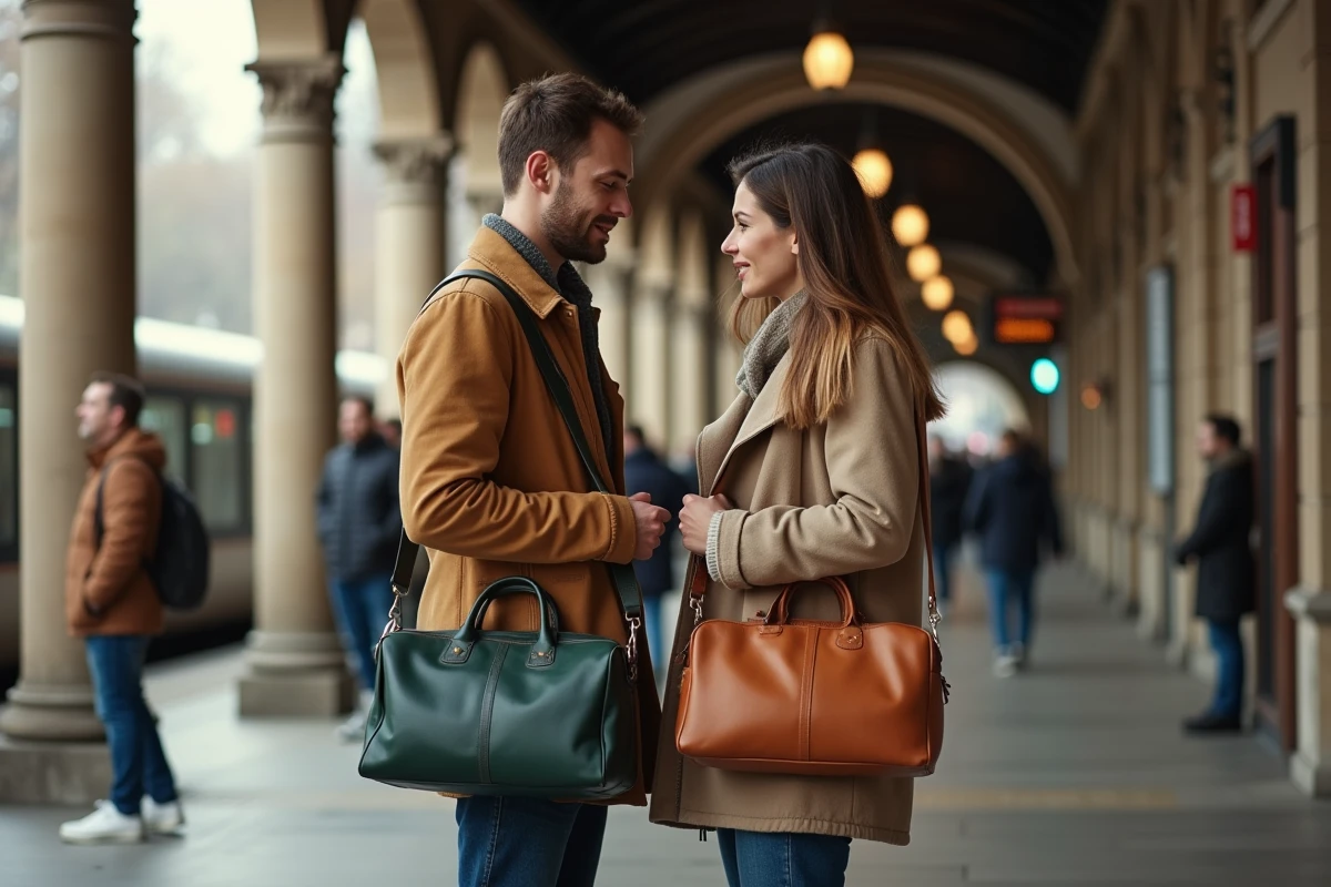 Un homme et une femme comparant deux sacs sport en cuir cognac et vert dans une gare européenne