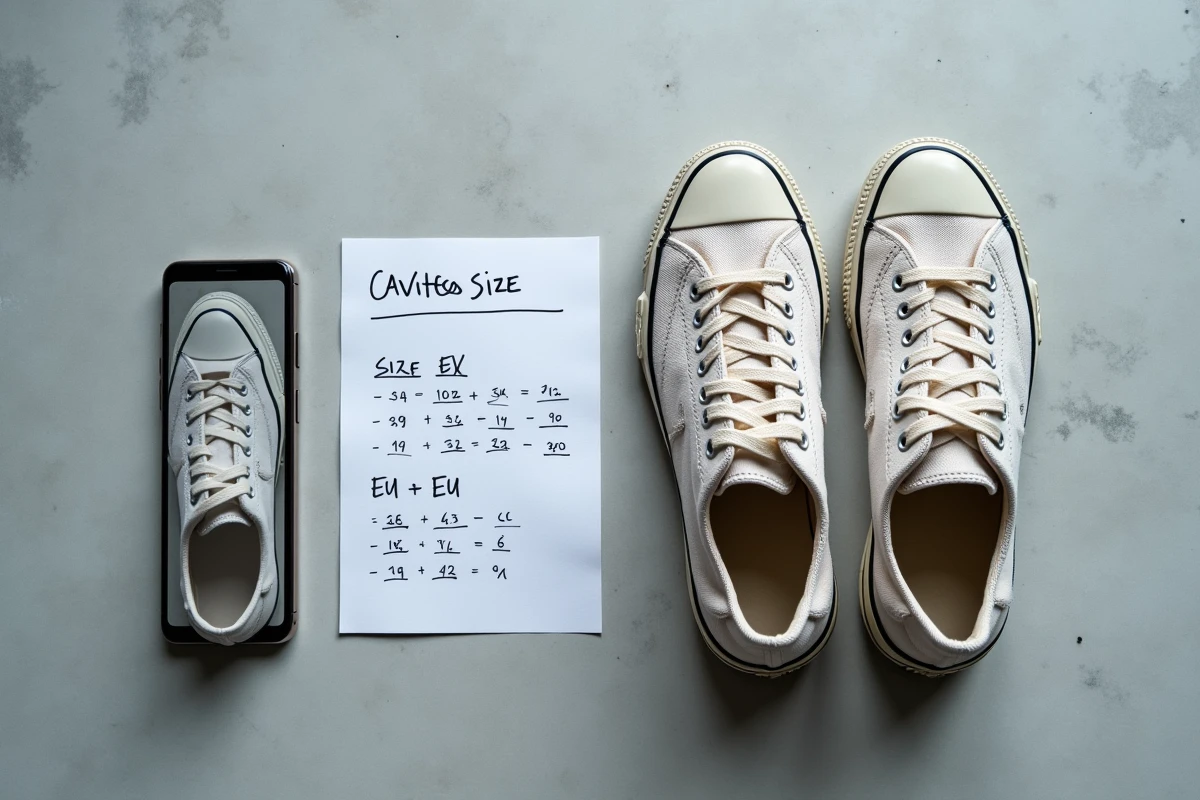 Comparaison de deux sneakers de tailles différentes avec un guide de conversion de pointures UK posé entre elles