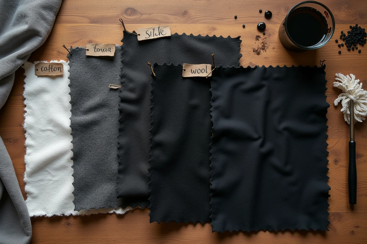 Comparaison de teinture noire sur différents types de tissus — coton, soie, polyester, laine et lin — à plat sur une table en bois