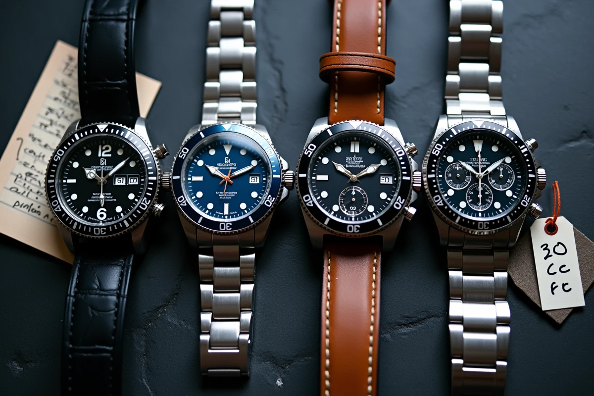 Comparatif de quatre montres alternatives à la Rolex disposées en flat lay sur ardoise avec étiquettes de prix