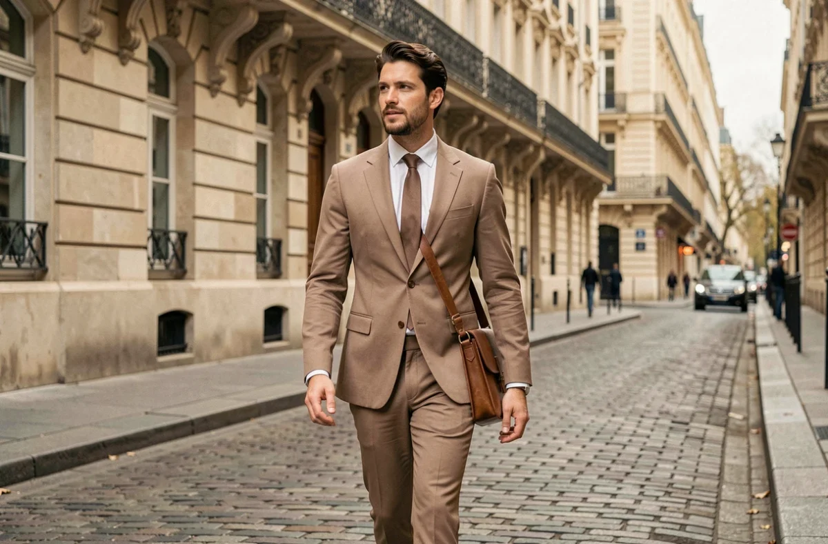 Homme en costume contemporain à la coupe parisienne élégante marchant dans une rue haussmannienne, style Confident